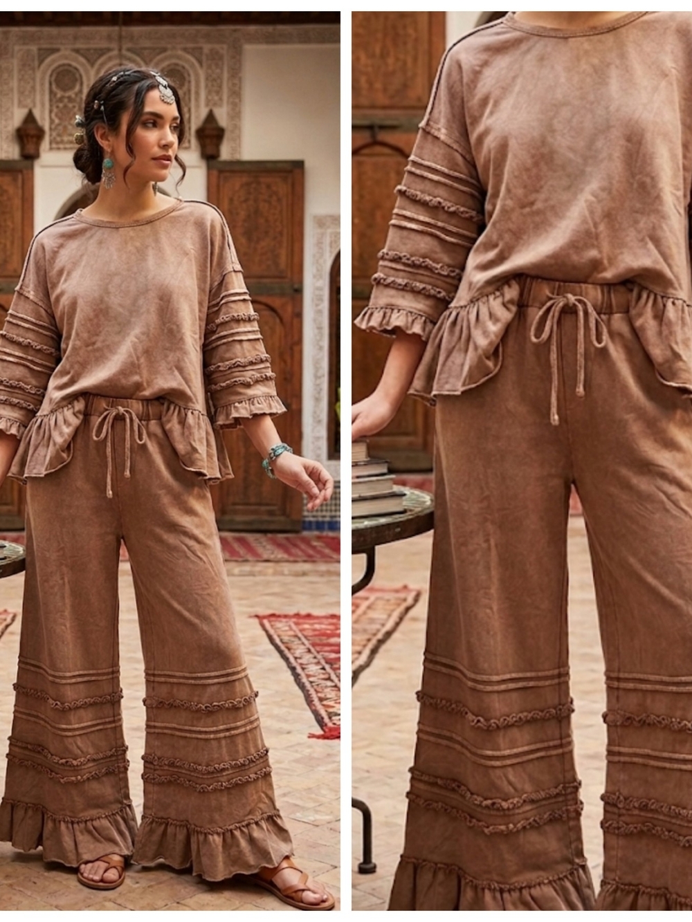 Wide Leg Ruffle Hem Pants - Brown